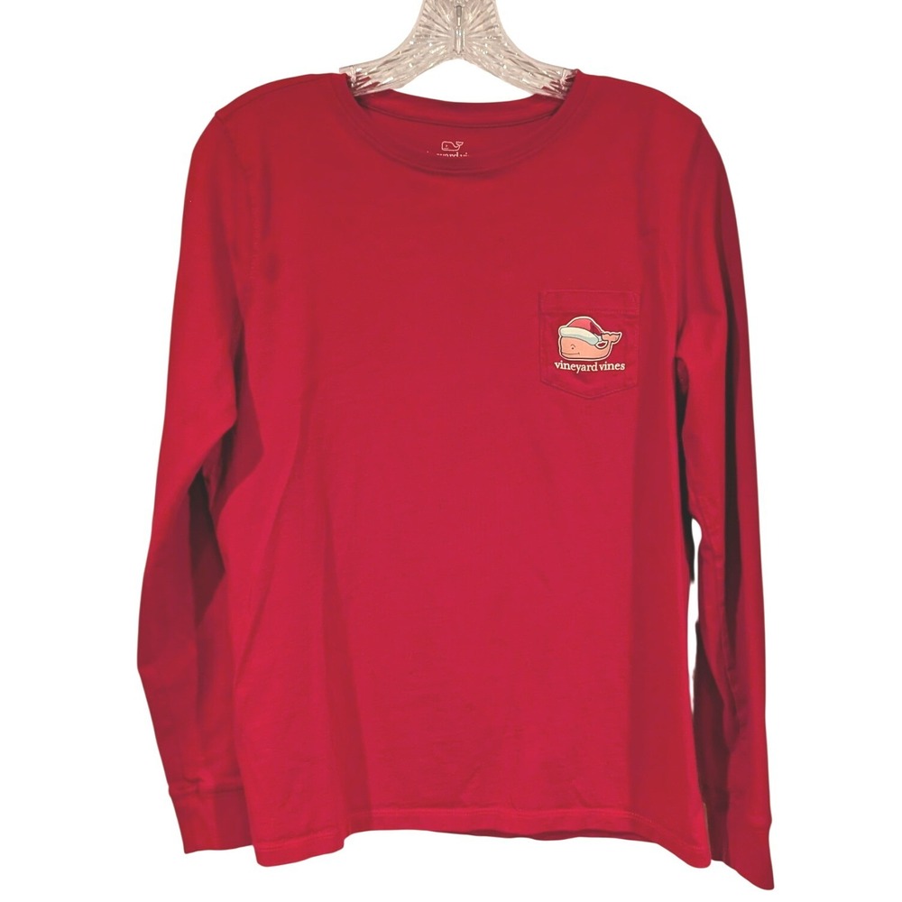 Vineyard Vines Shirt M Red Santa Whale Christmas Long Sleeve Cotton Pocket Tee